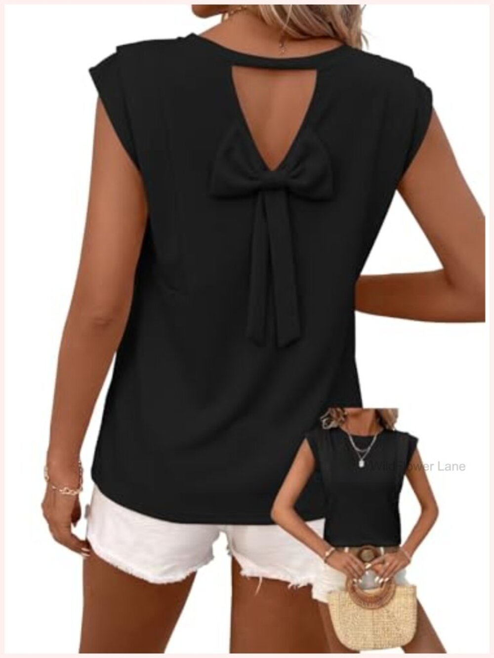 Women's Bow Tie Back Cap Sleeve Babydoll Chiffon Tunic Top Summer Blouse